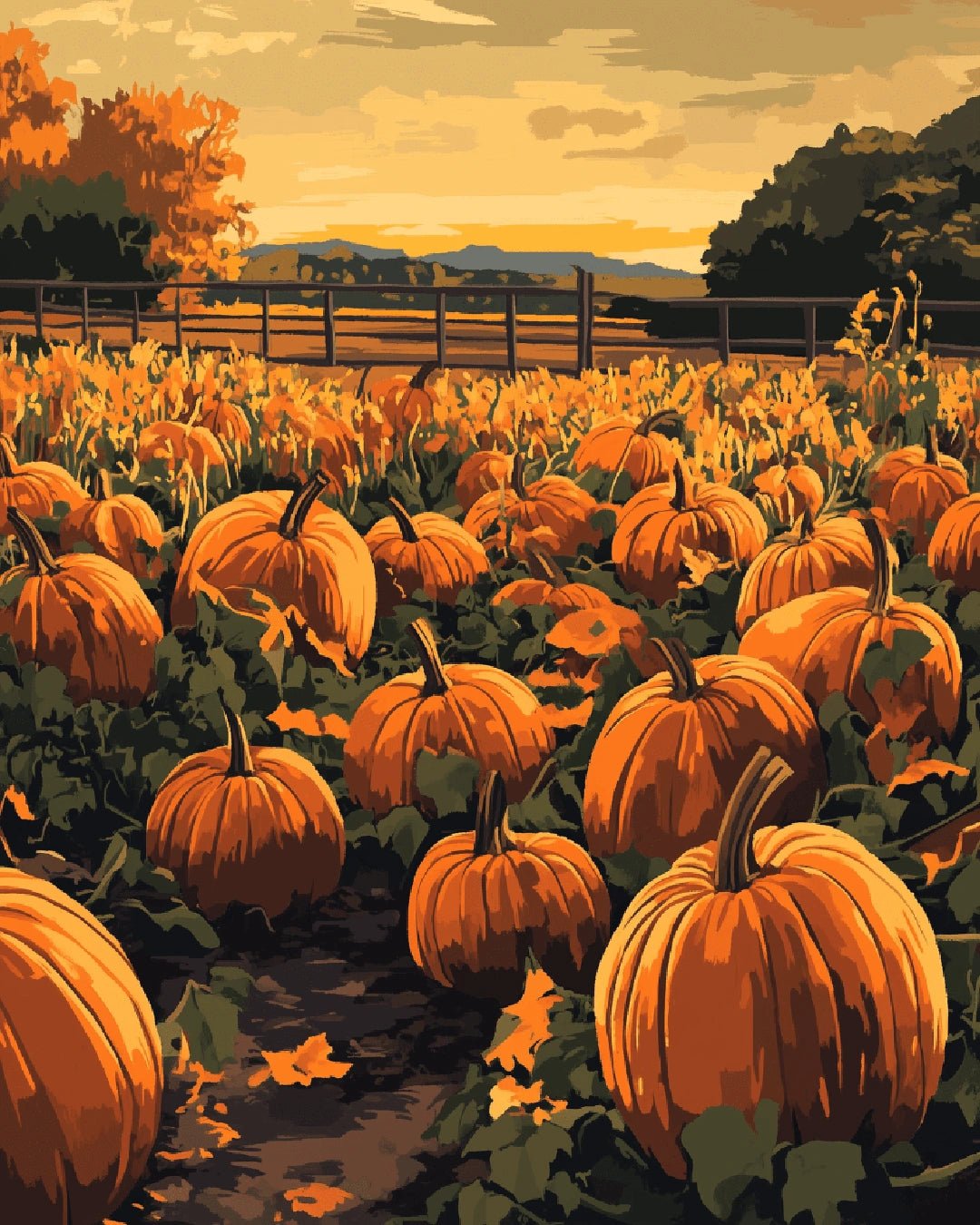 Canvas pumpkin fields paint by numbers kit for adults featuring warm autumn harvest tones by Tinta Canvas