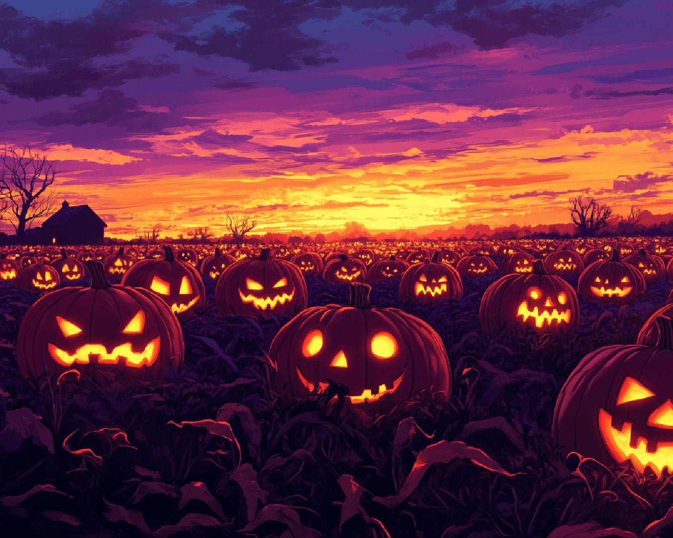 Canvas pumpkin glow field paint by numbers kit for adults featuring warm sunset tones and glowing pumpkins by Tinta Canvas