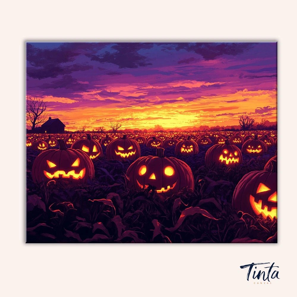 Clean artwork of Pumpkin Glow Field paint by numbers kit featuring illuminated jack o lanterns in a field under colorful sunset sky without tools by Tinta Canvas