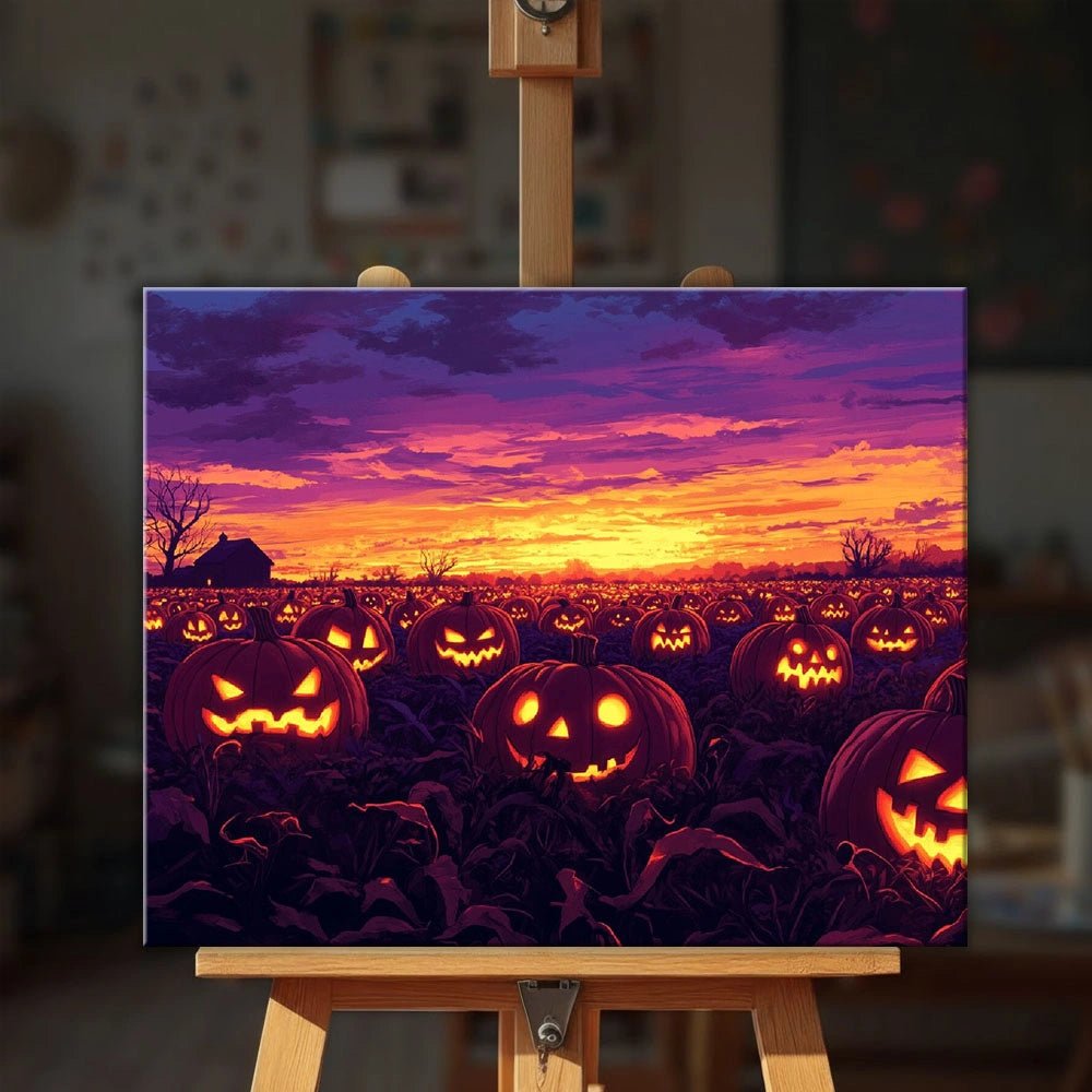 Pumpkin Glow Field paint by numbers kit displayed on easel in cozy interior highlighting glowing pumpkins and warm evening tones by Tinta Canvas