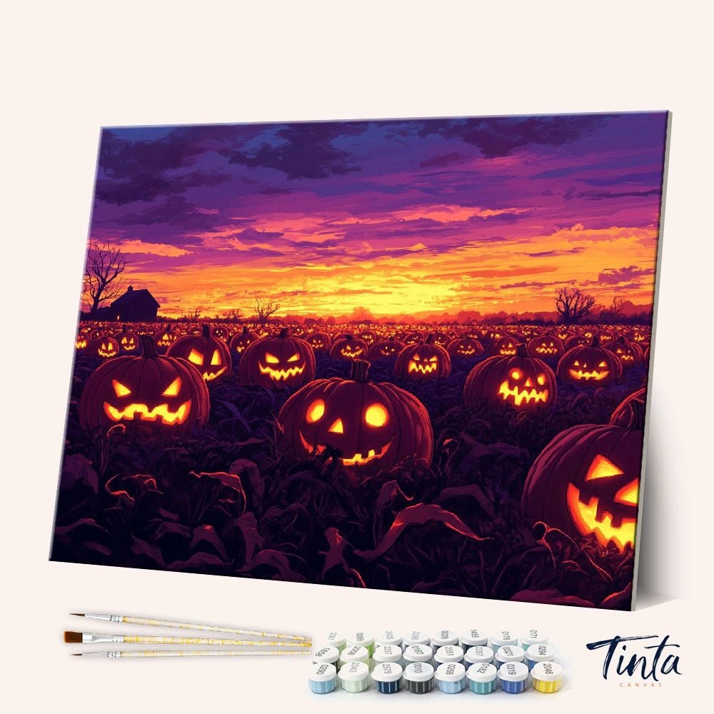 Angled view of Pumpkin Glow Field paint by numbers kit showing glowing carved pumpkins at sunset with tools included by Tinta Canvas