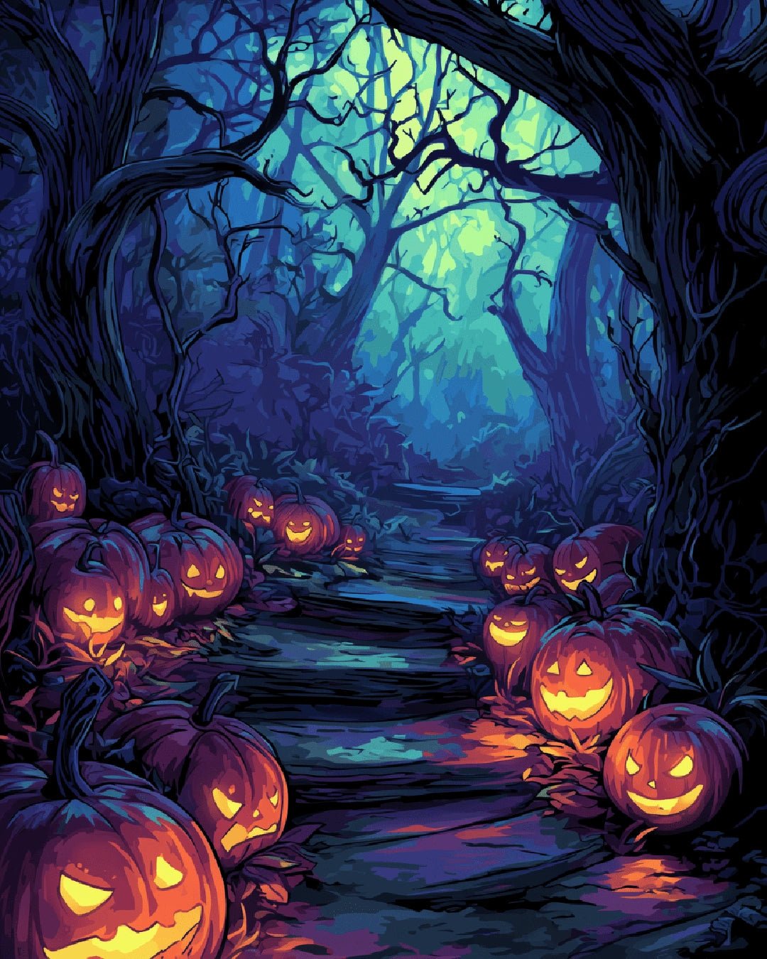 Canvas pumpkin path paint by numbers kit for adults featuring a glowing nighttime forest scene by Tinta Canvas