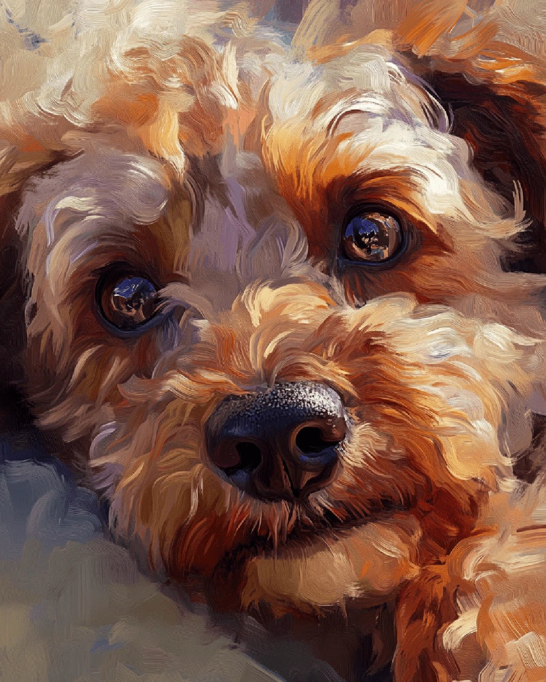 Canvas puppy paint by numbers kit for adults featuring a detailed dog portrait with warm tones and gentle expression by Tinta Canvas