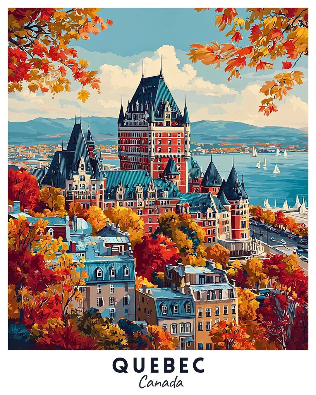 Quebec Canada paint by numbers canvas featuring Old Quebec, fall foliage, and historic architecture