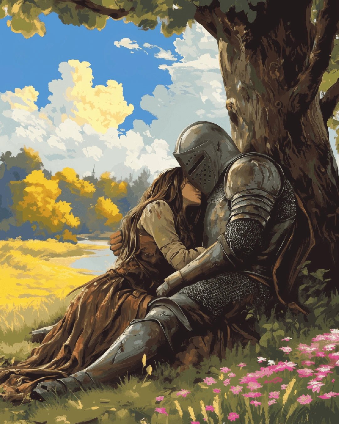 Paint by numbers canvas featuring a peaceful medieval knight and companion in a sunlit field