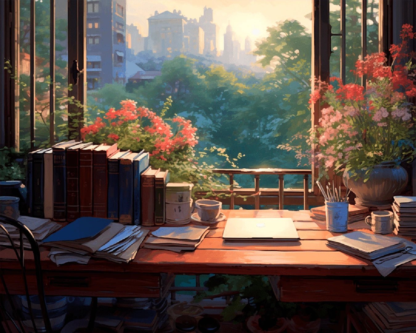 Paint by numbers kit painting for adults featuring a cozy interior painting masterpiece with a desk and city view