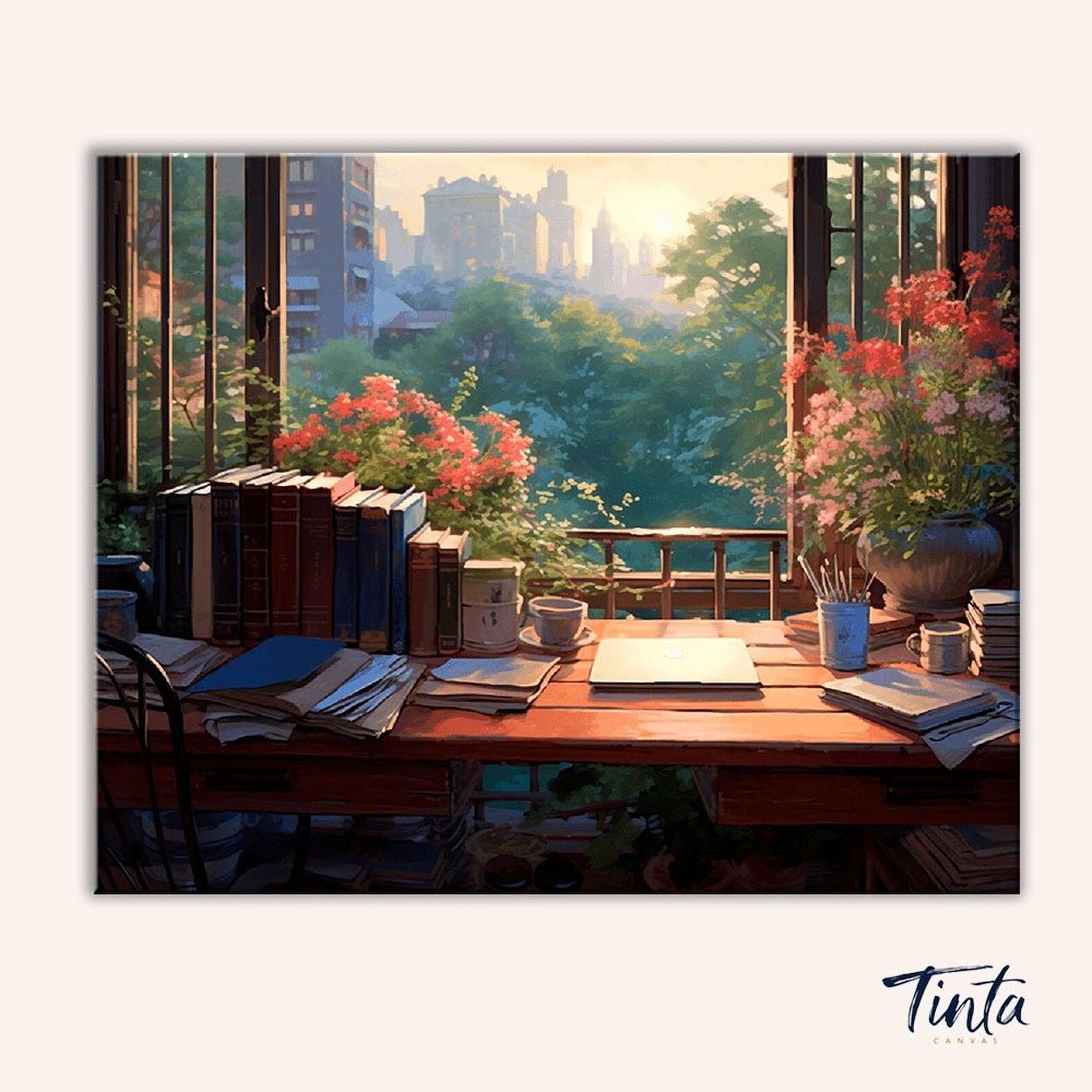 Clean artwork of the Quiet Desk paint by numbers kit featuring a sunlit writing desk with books and flowers by Tinta Canvas