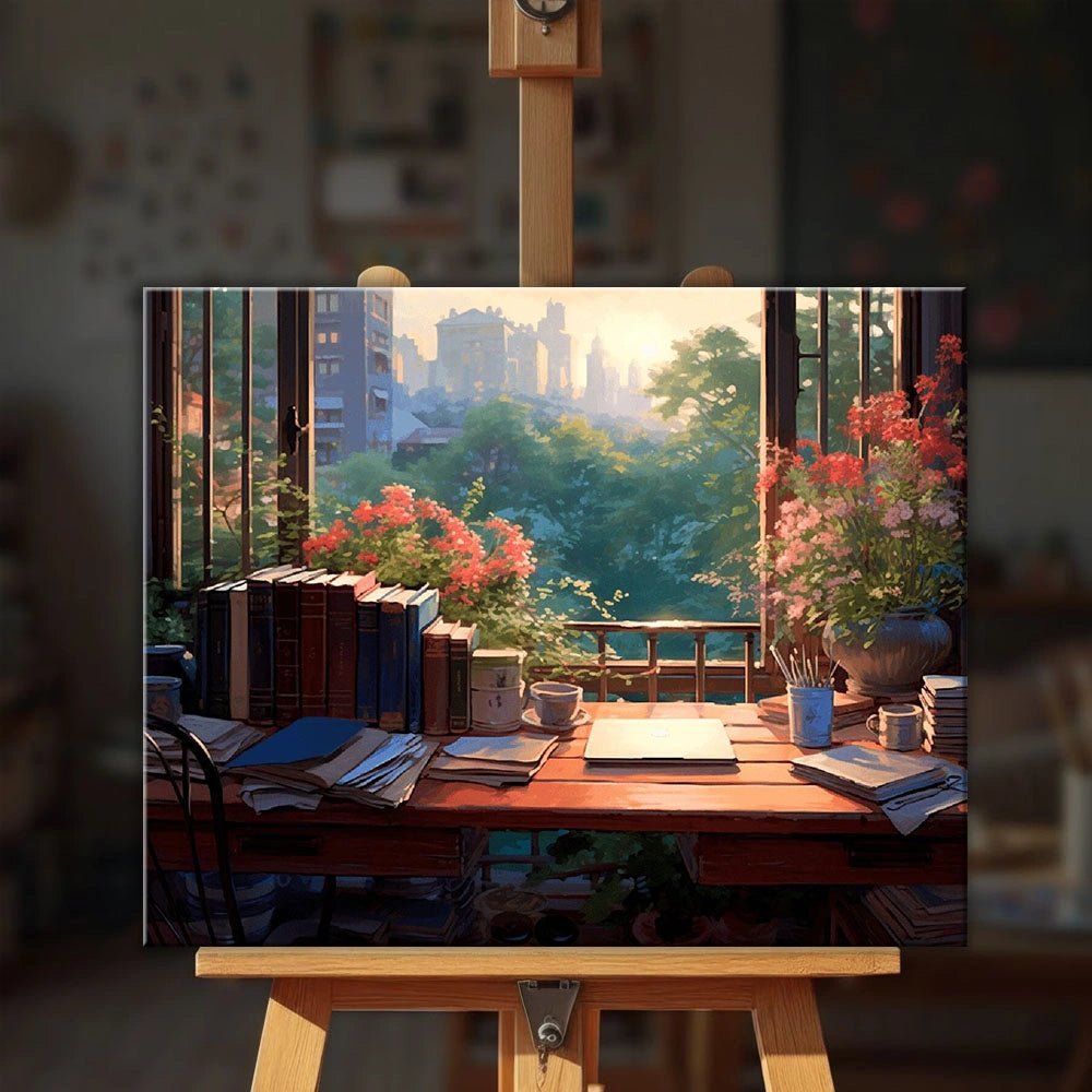 Quiet Desk paint by numbers kit displayed on an easel showing peaceful study scene with desk, books, and window garden by Tinta Canvas