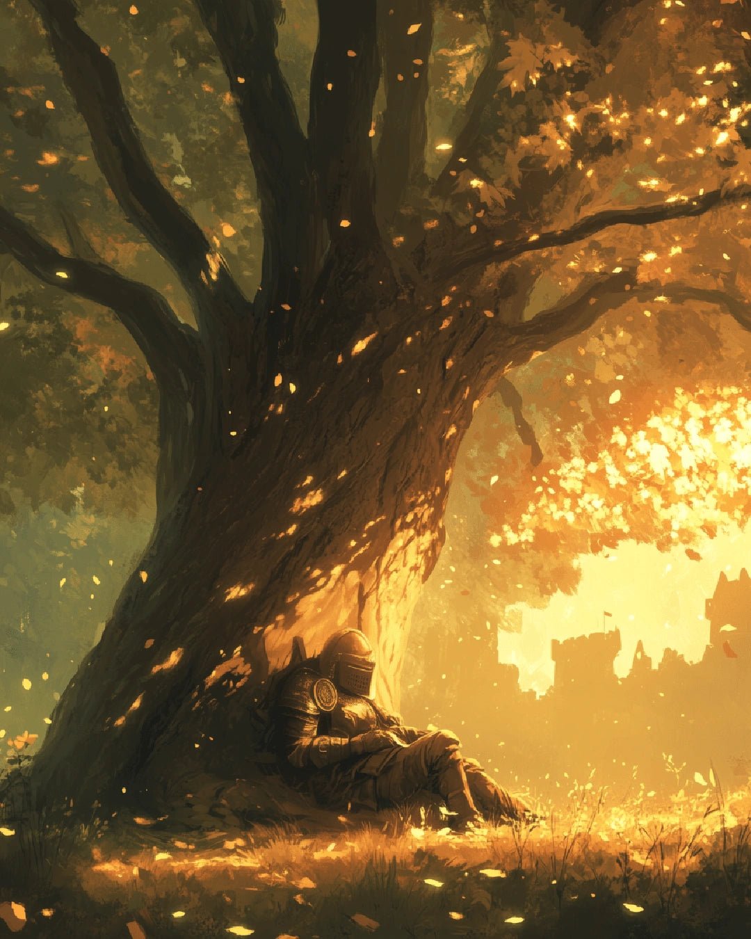 Fantasy paint by numbers kit canvas painting featuring a peaceful figure resting under an ancient tree with falling leaves