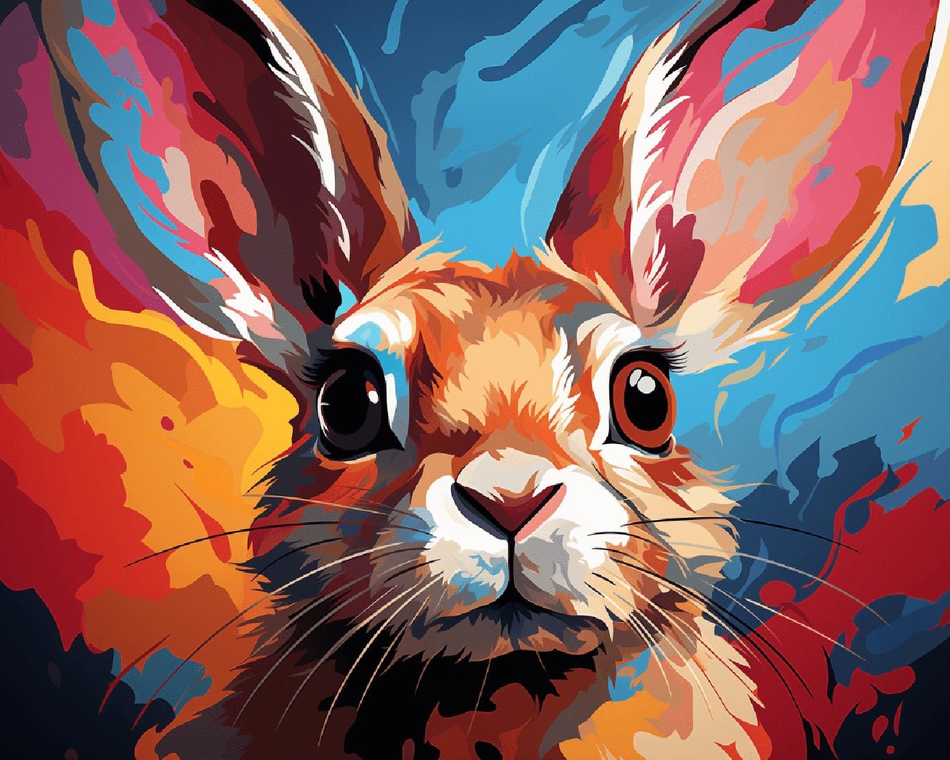 Canvas rabbit paint by numbers kit for adults showcasing a colorful modern rabbit portrait with high contrast by Tinta Canvas