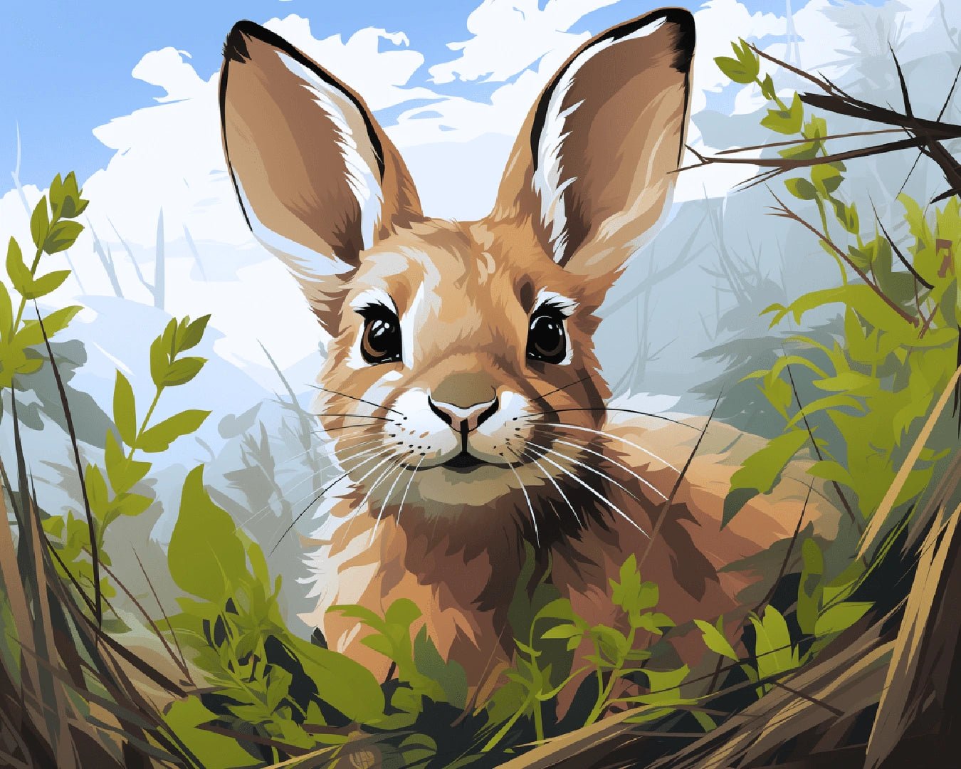 Canvas rabbit paint by numbers kit for adults showcasing a clean rabbit portrait with leafy framing and soft natural tones by Tinta Canvas