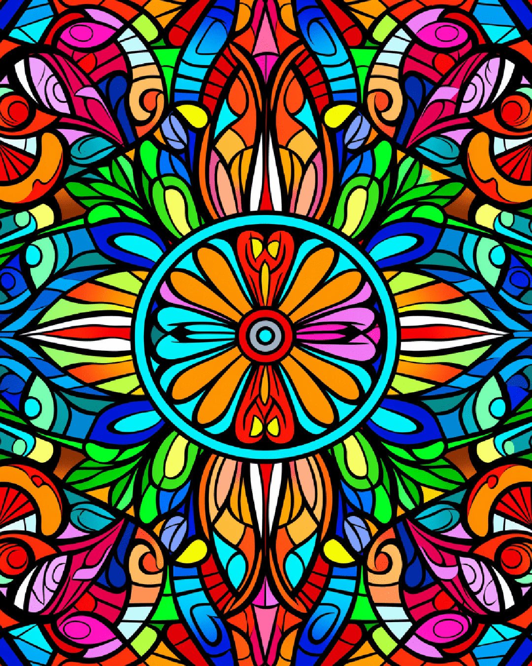 Radiant Core mandala paint by numbers kit featuring a colorful symmetrical abstract pattern with stained glass style design
