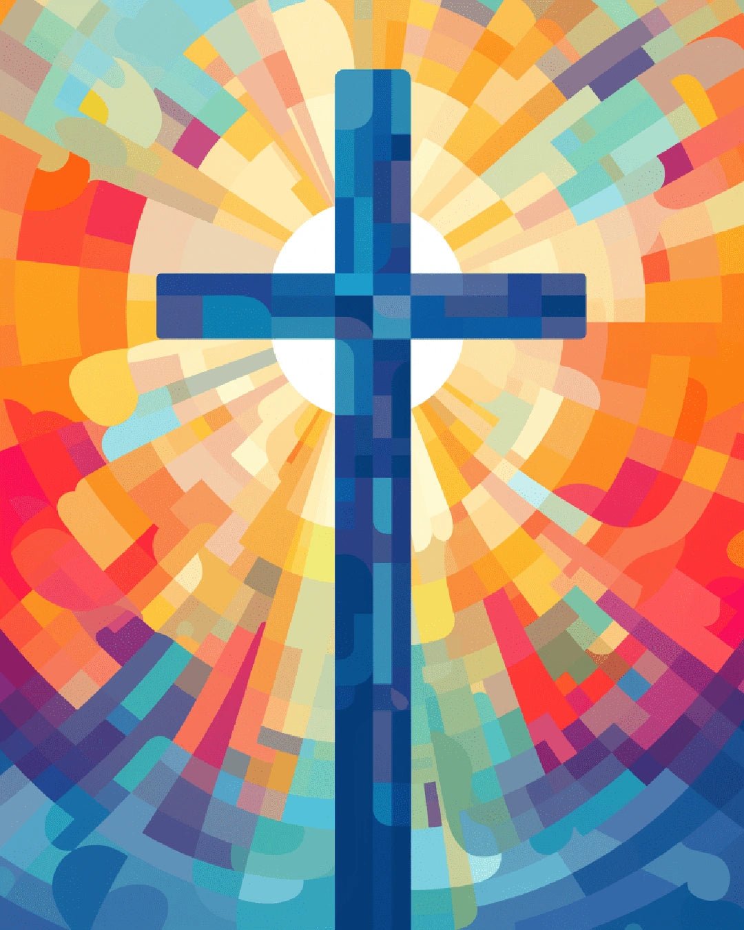 Paint by numbers kit for adults showing a blue Christian cross surrounded by vibrant abstract rays of light