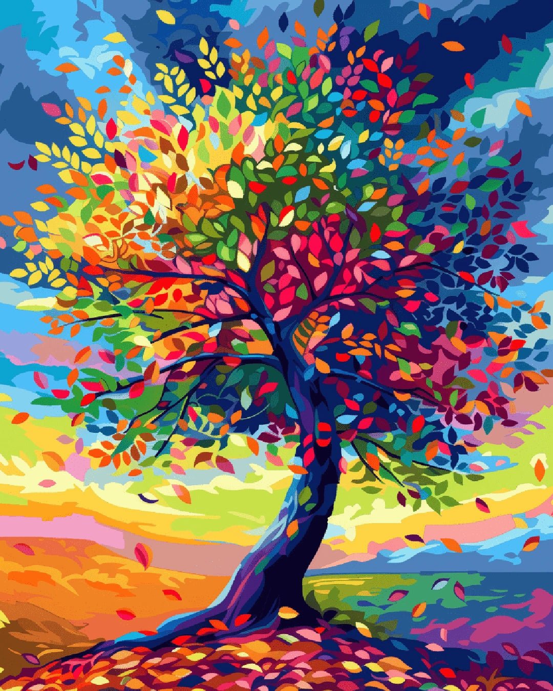 Canvas abstract paint by numbers kit for adults showcasing a vibrant stylized tree with multicolored leaves by Tinta Canvas