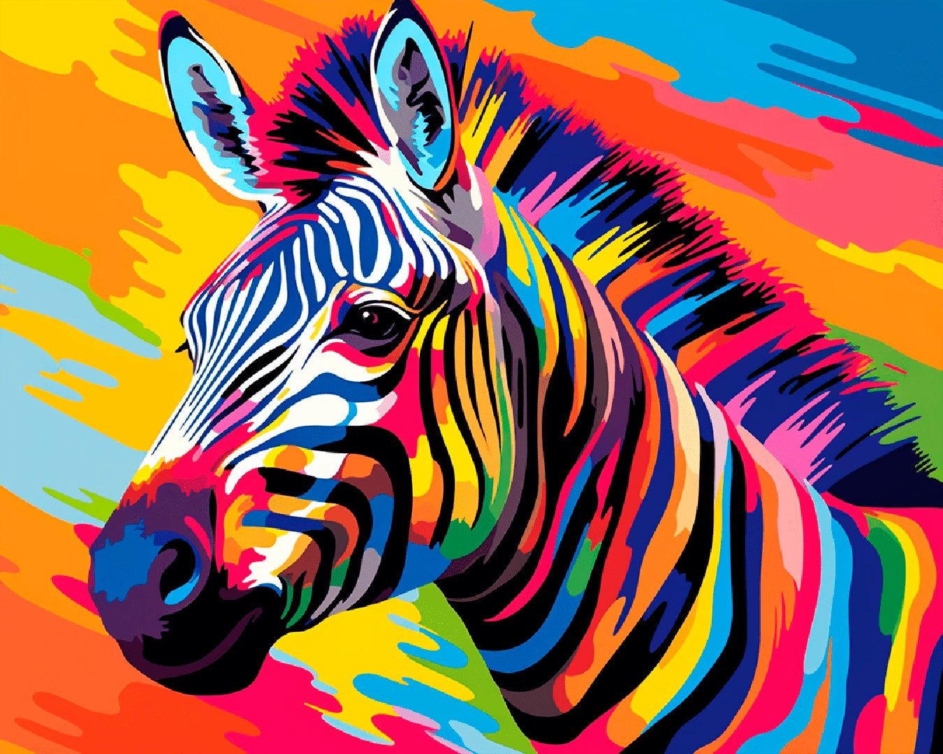 Canvas animal paint by numbers kit for adults showcasing a bold zebra portrait with vibrant multicolored stripes by Tinta Canvas