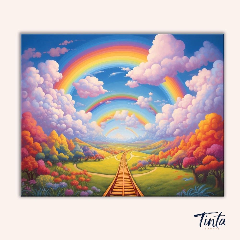 Clean artwork of the Rainbow Journey paint by numbers kit featuring vibrant rainbows above a winding road through bright hills by Tinta Canvas