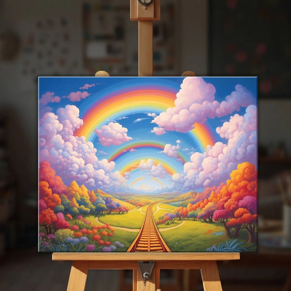 Rainbow Journey paint by numbers kit displayed on an easel with a magical rainbow sky and colorful countryside scene by Tinta Canvas