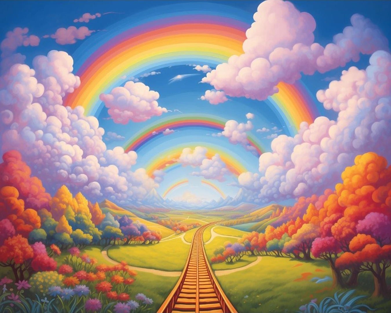 Raw artwork from the Rainbow Journey paint by numbers kit showing a scenic road leading toward glowing rainbows and clouds by Tinta Canvas