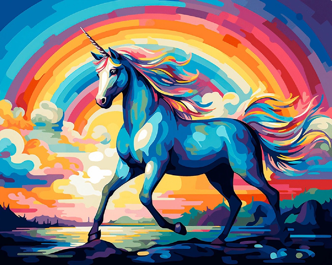 Fantasy paint by numbers canvas for adults showing a vibrant unicorn beneath a bold rainbow sky