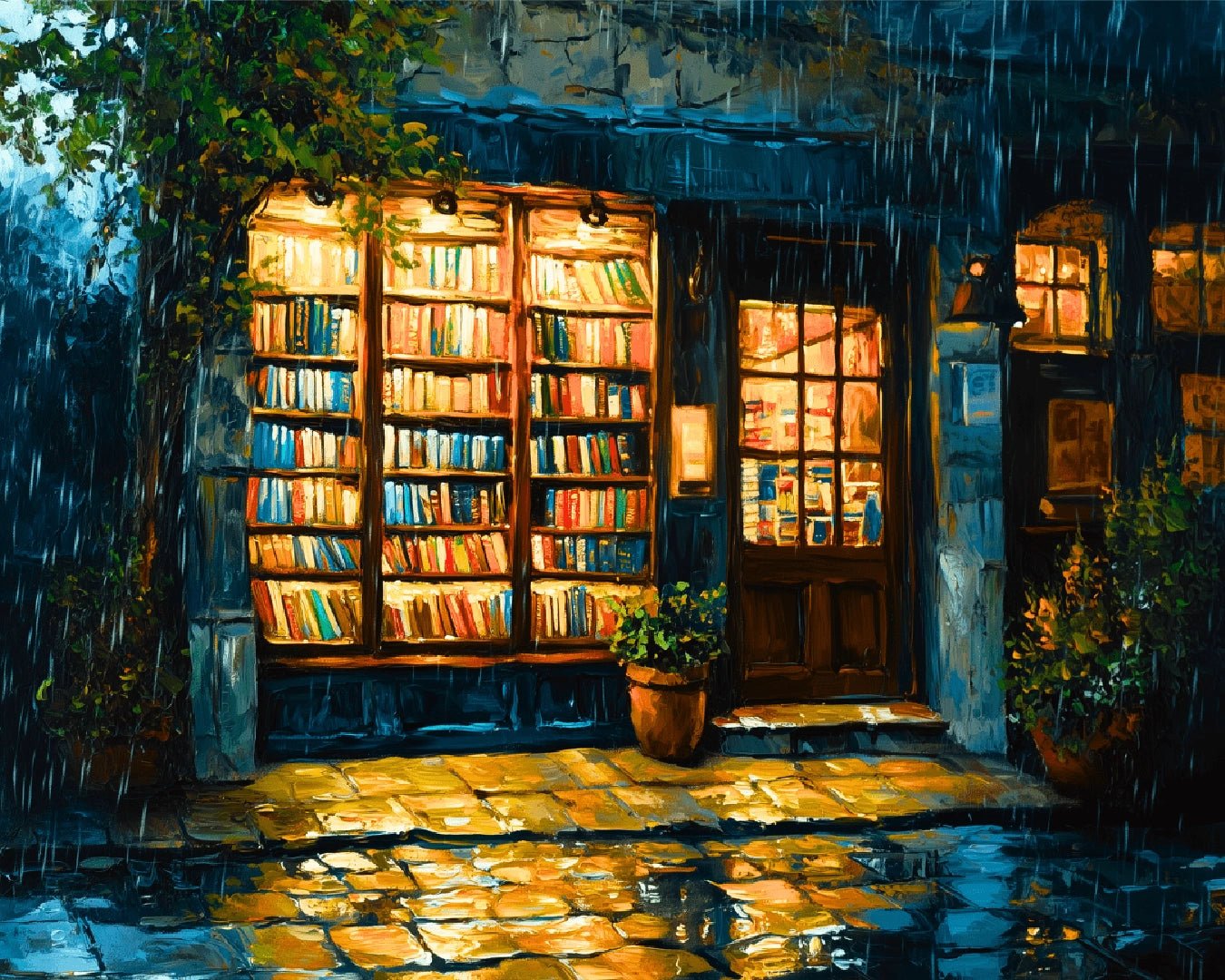 Canvas architectural paint by numbers kit for adults showcasing glowing book shelves, rain reflections, and warm interior light by Tinta Canvas