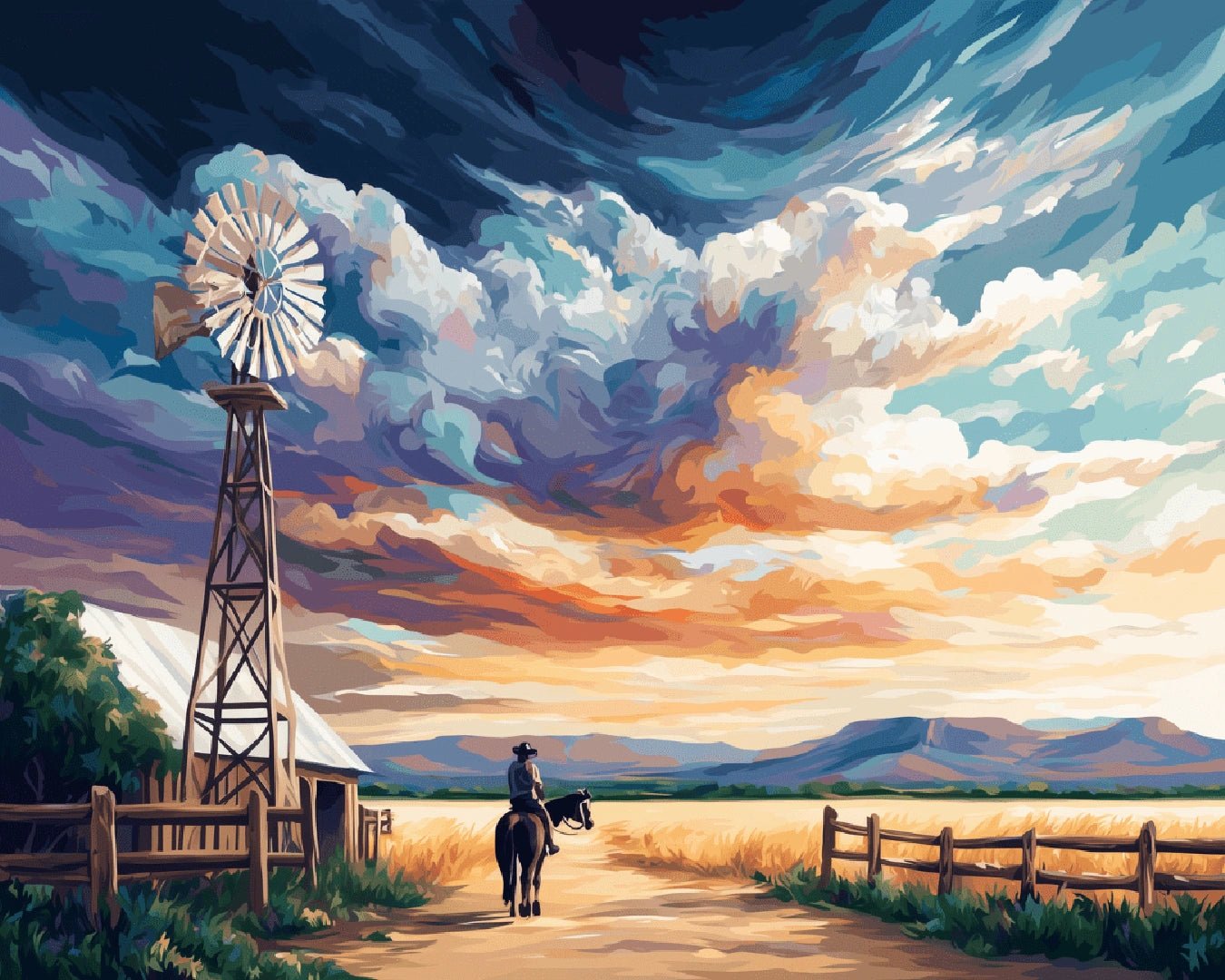 Canvas landscape paint by numbers kit for adults showcasing a rural landscape with fences, a windmill structure, and sweeping clouds by Tinta Canvas