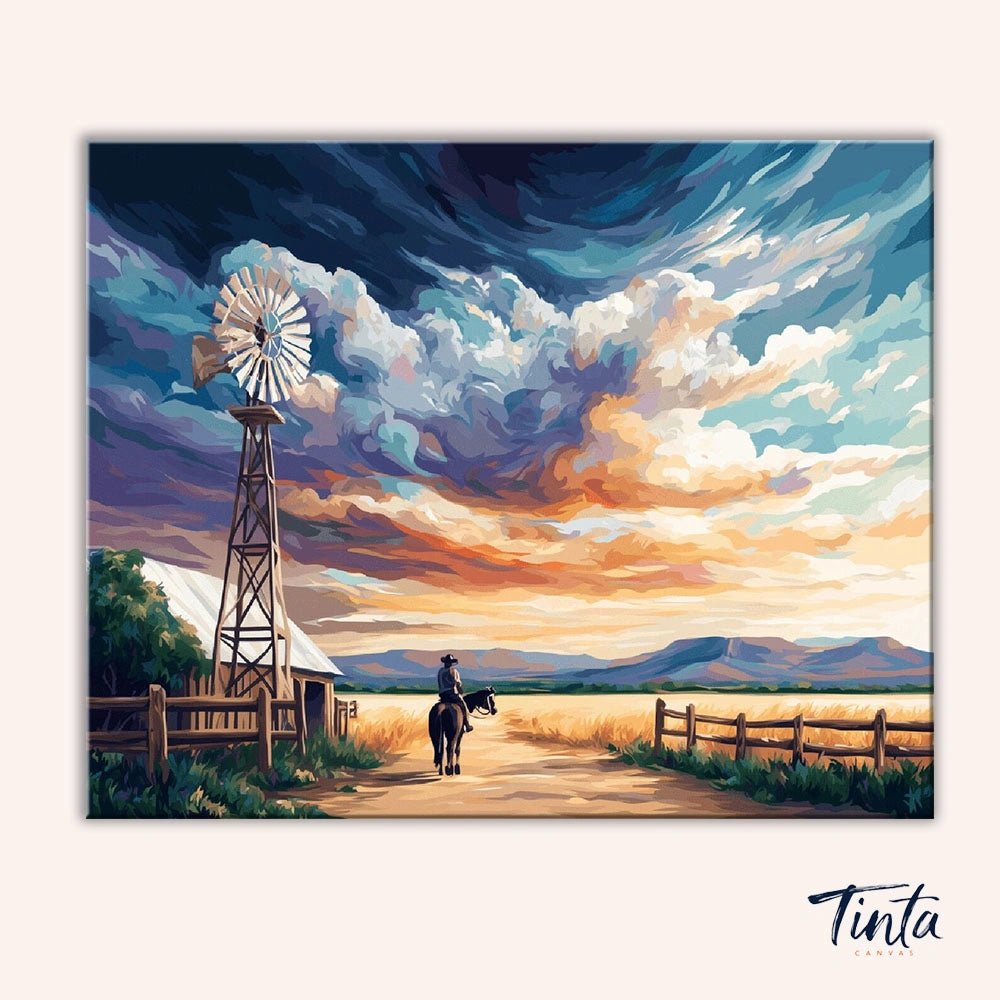Clean artwork of Rancher Days paint by numbers kit featuring open field, windmill, and dramatic sky without tools visible by Tinta Canvas