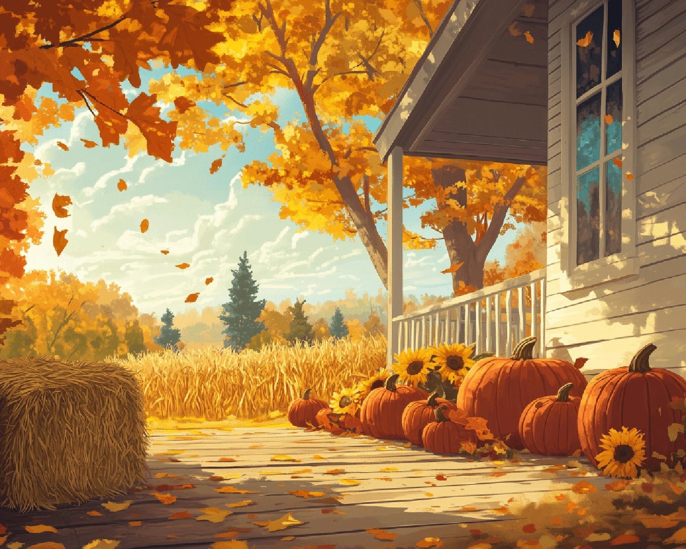 Canvas autumn paint by numbers kit for adults showing a cozy pumpkin porch scene with warm fall colors by Tinta Canvas