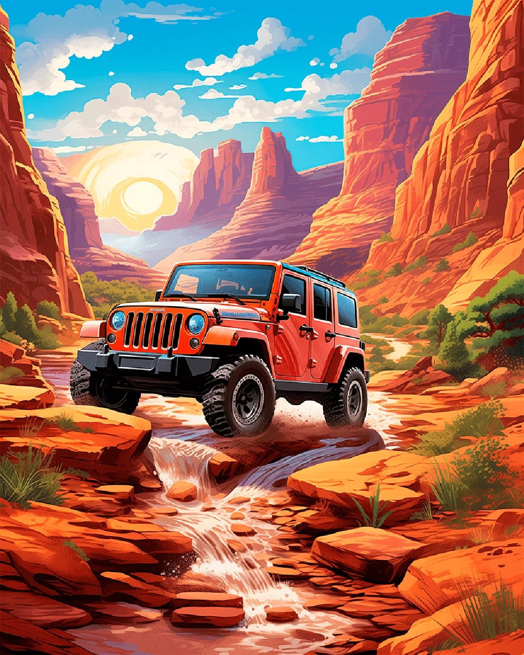 Canvas jeep paint by numbers kit for adults featuring a red jeep crossing desert rocks and flowing water by Tinta Canvas