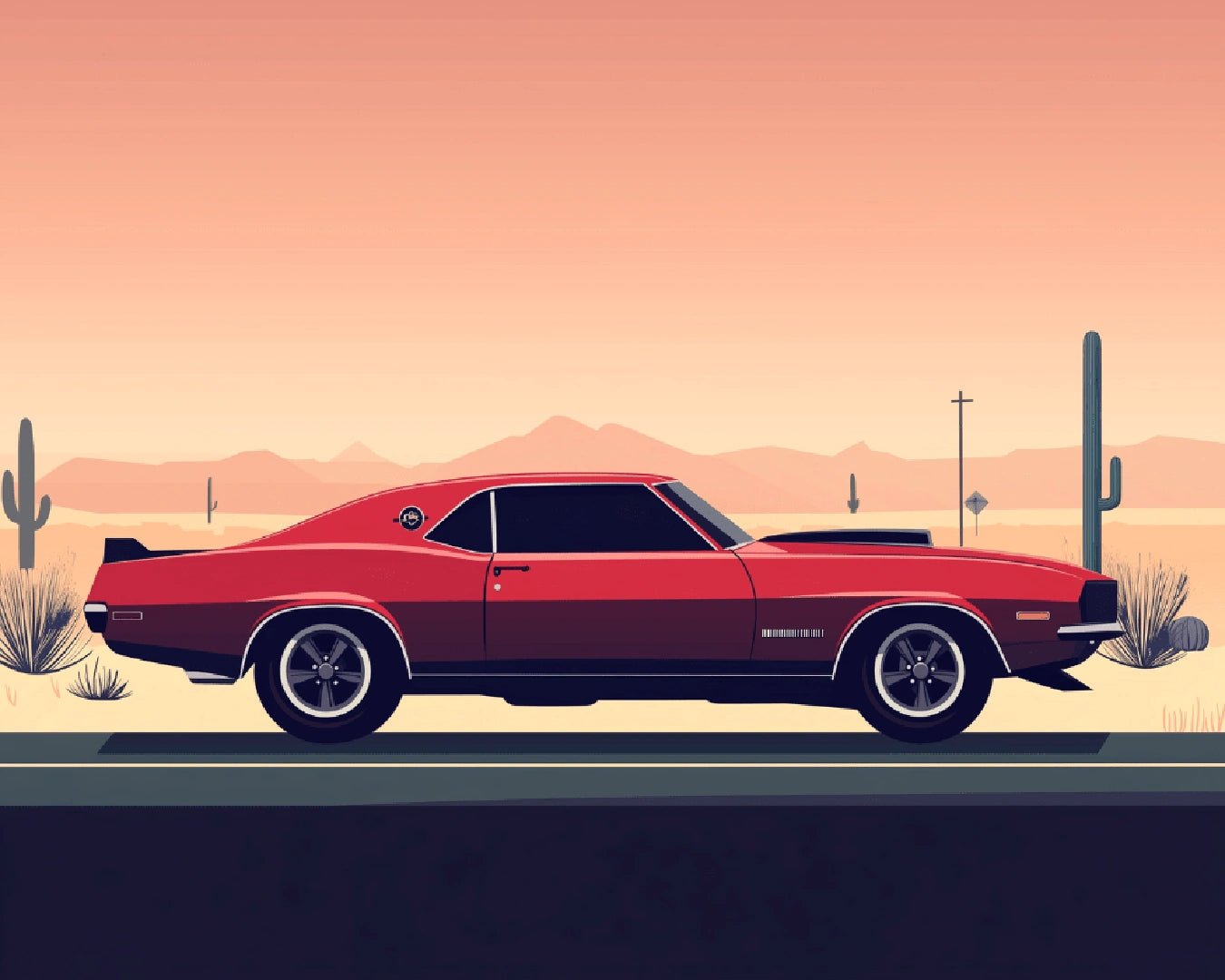 Canvas car paint by numbers kit for adults showcasing a red muscle car side profile with desert cacti and warm sky tones by Tinta Canvas