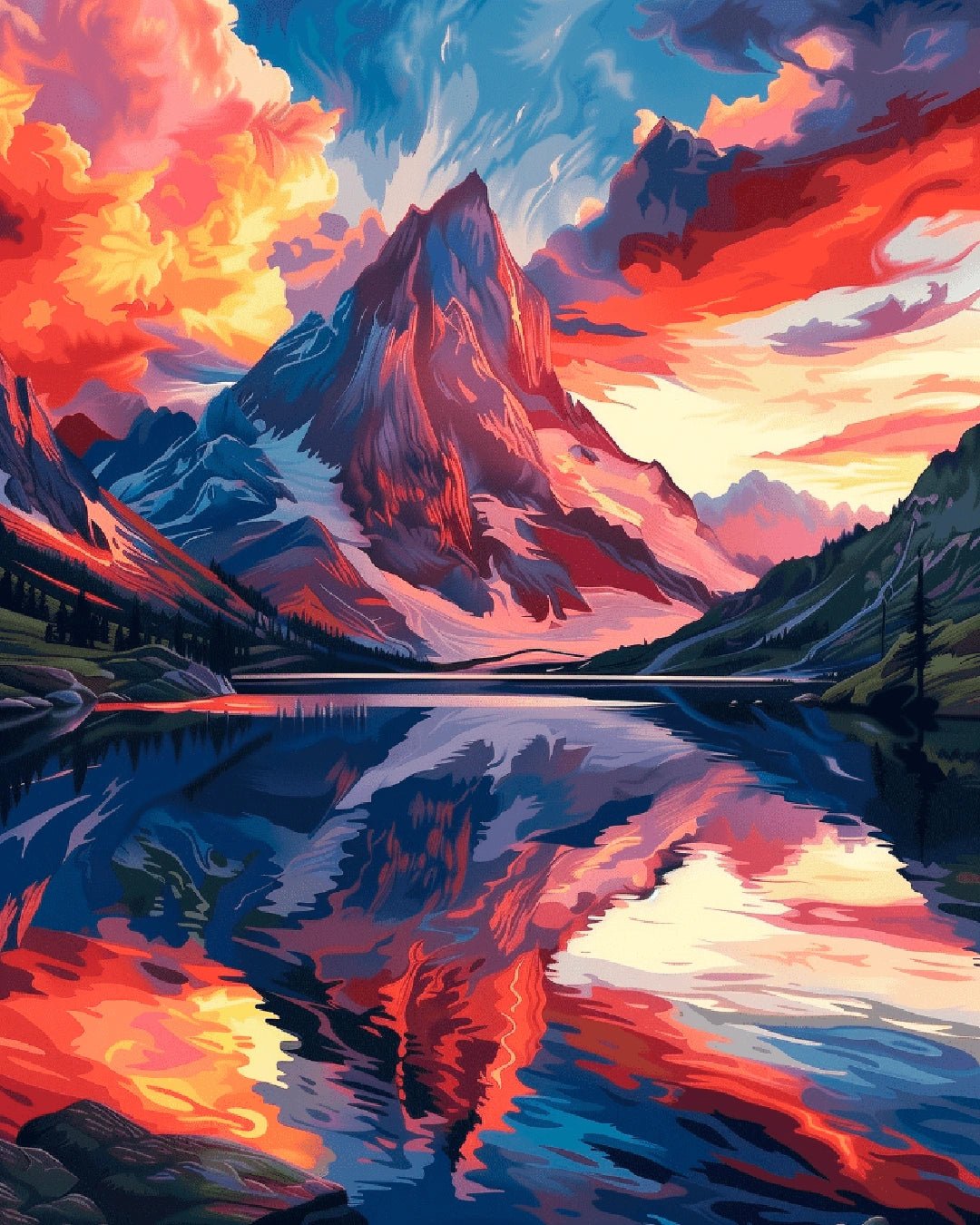 Canvas mountain paint by numbers kit for adults showing a bold red sky and lake reflection by Tinta Canvas