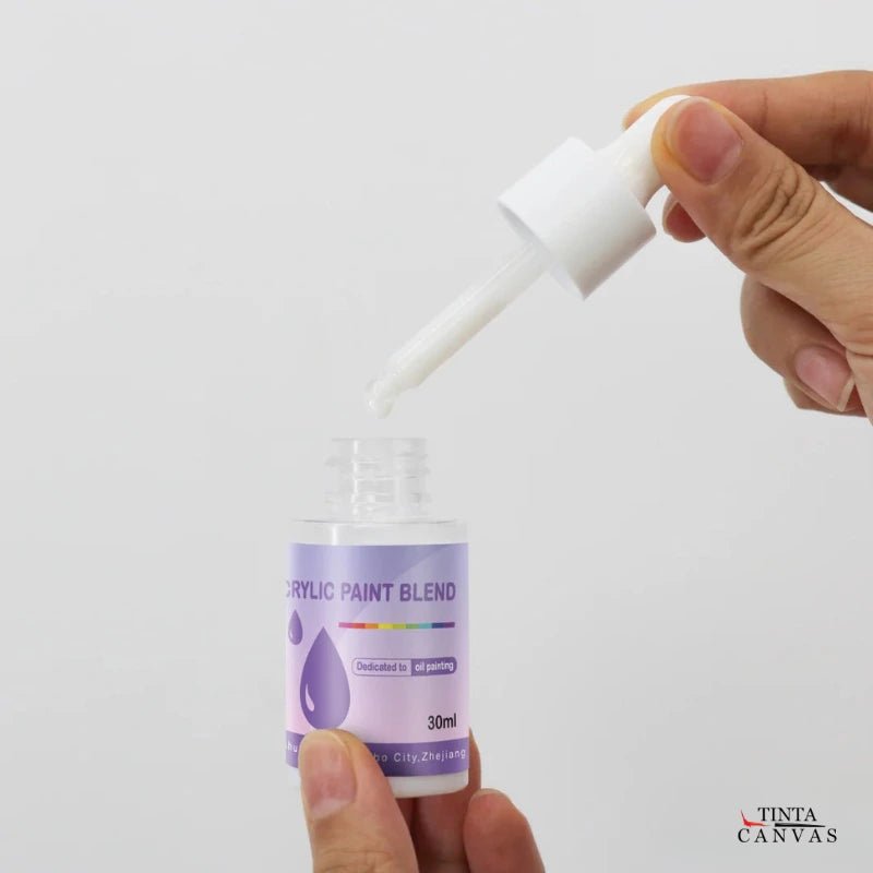 Bottle of acrylic paint blend with dropper held by a hand on a white background