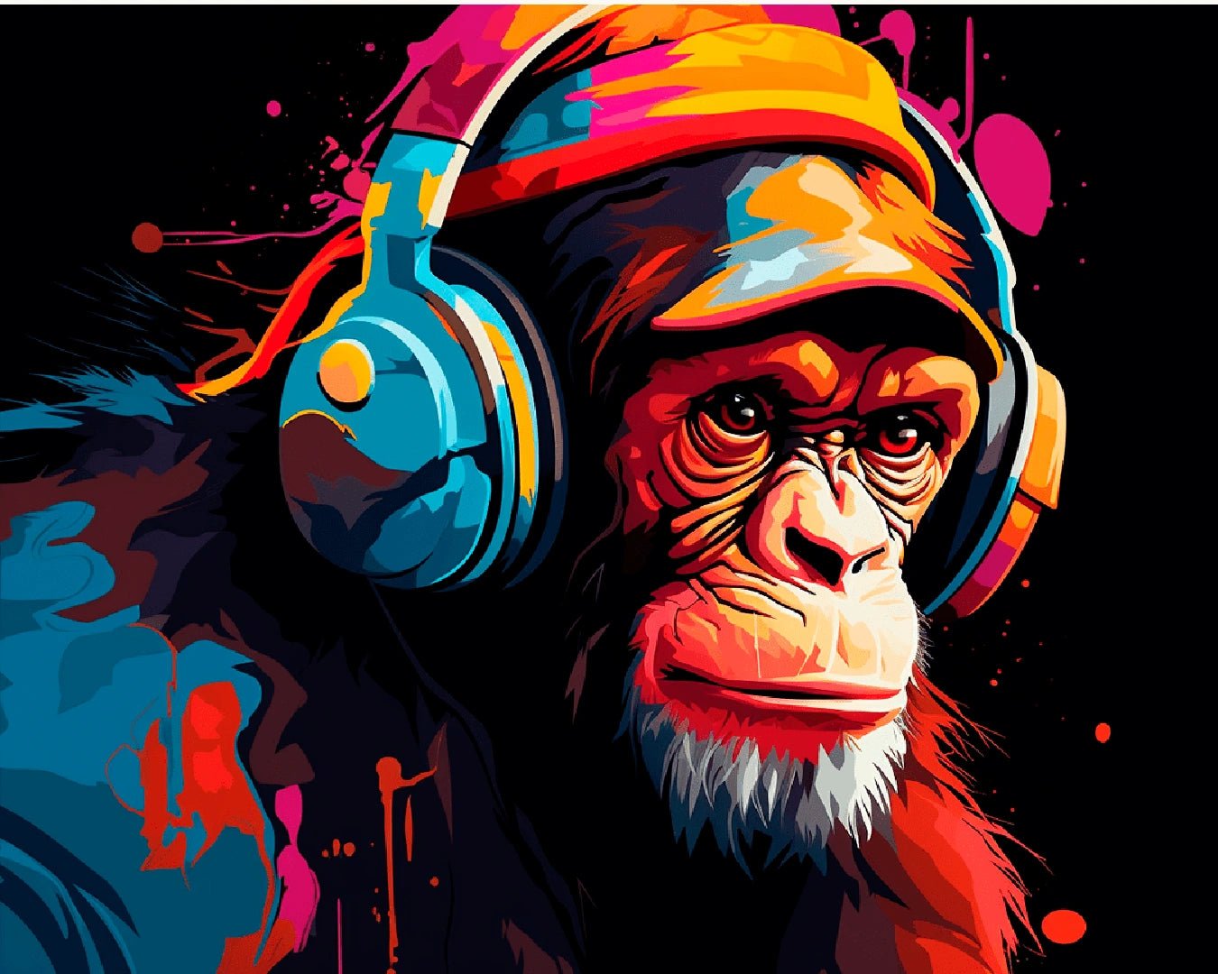 Paint by numbers kit canvas showing a vibrant monkey portrait with headphones and expressive paint splashes
