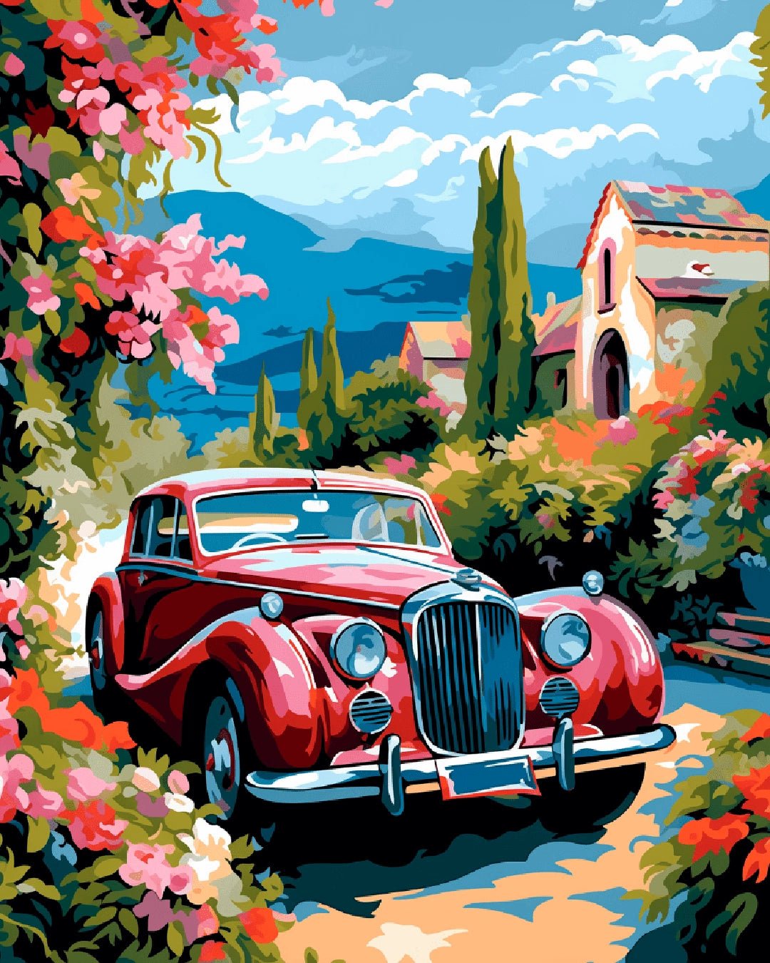 Framed paint by numbers kit for adults showing a red vintage car driving through a flower-lined countryside village