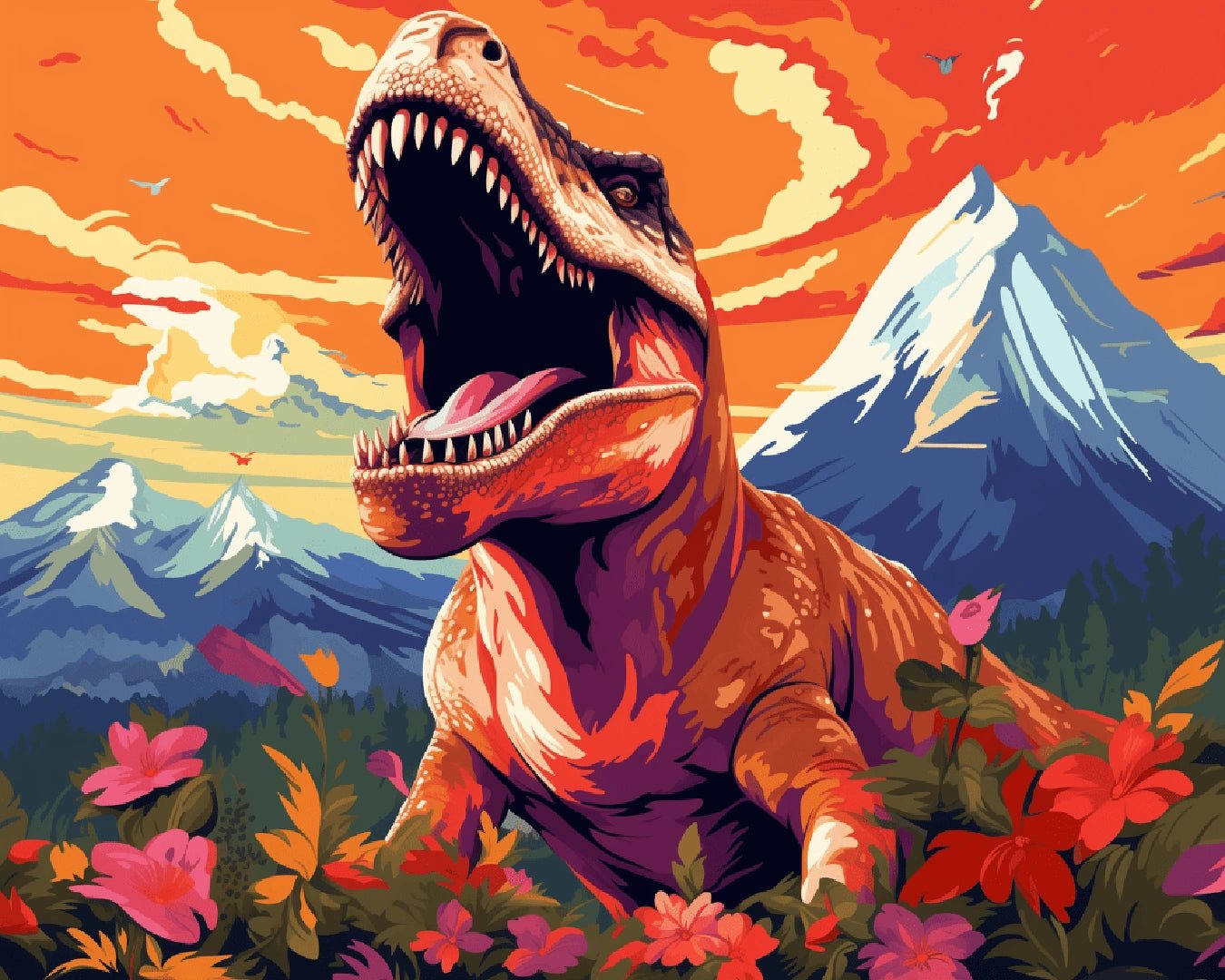 Paint by numbers canvas featuring a roaring Tyrannosaurus rex in a colorful landscape