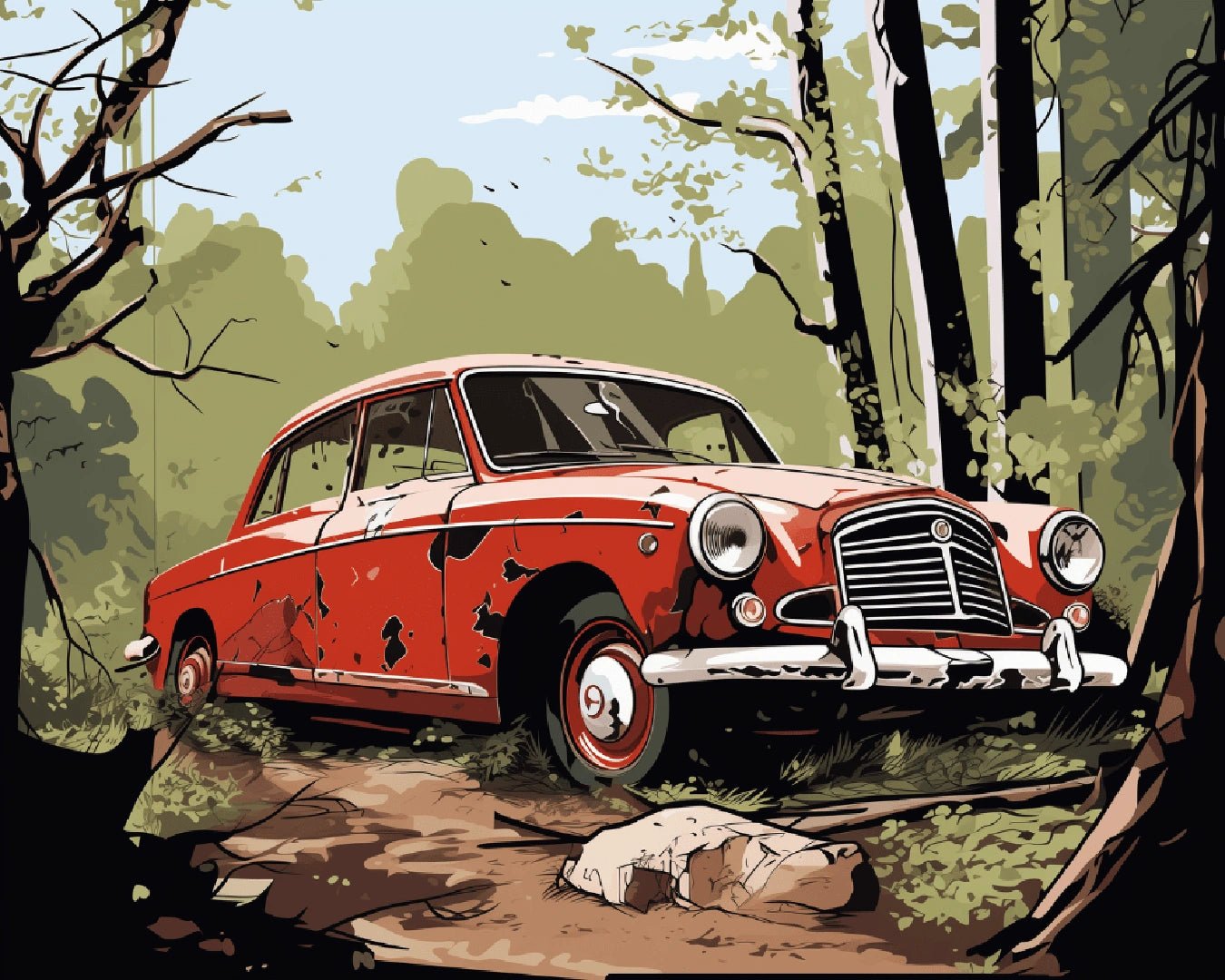 Paint by numbers kit painting for adults featuring a classic red car painting surrounded by woodland scenery