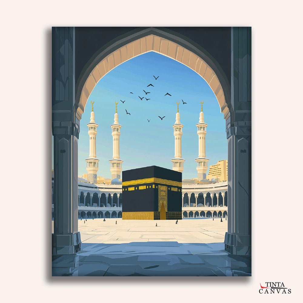 Islamic paint by numbers kit for adults featuring the Holy Kaaba at Masjid al-Haram with mosque arches and soft daylight