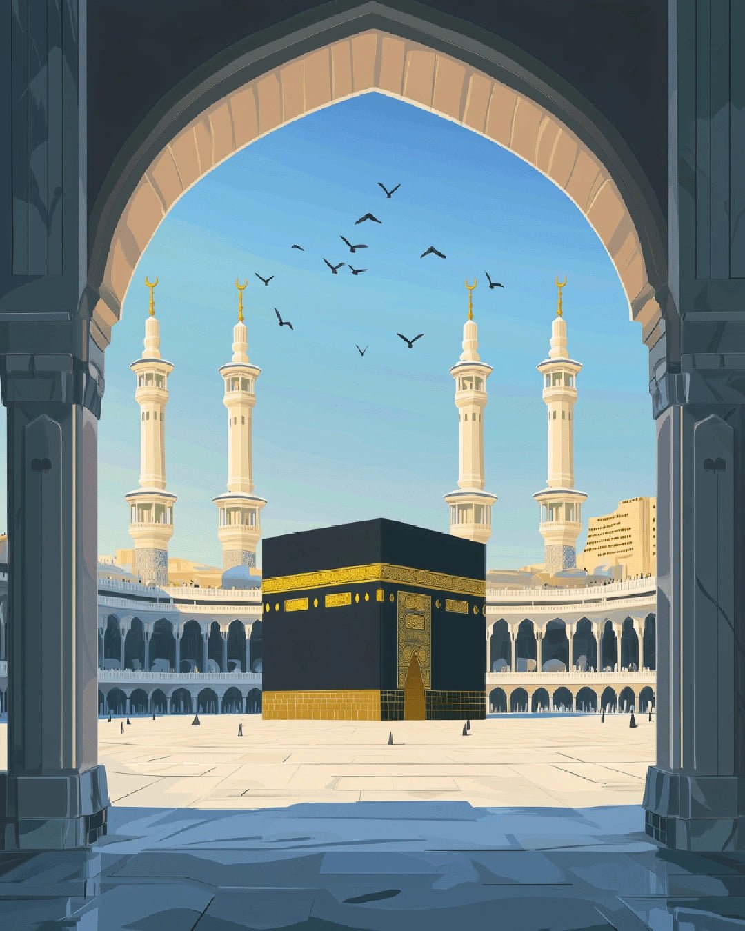 Religious paint by numbers canvas for adults showing the Holy Kaaba in Mecca with grand Islamic architecture and peaceful sky