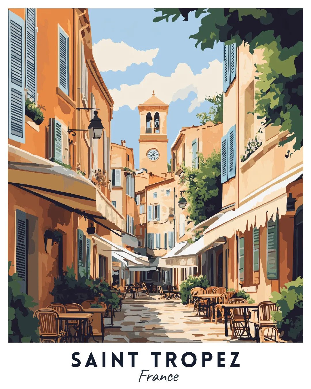 Saint-Tropez France paint by numbers canvas featuring a quiet café-lined street