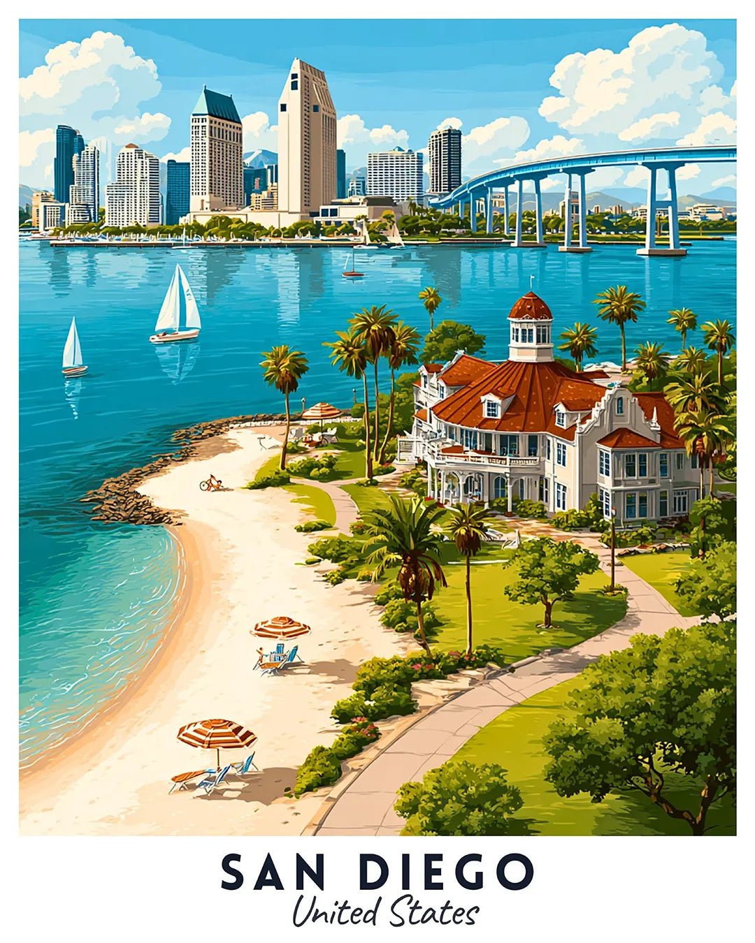San Diego USA paint by numbers canvas featuring a beach, palm trees, and city skyline