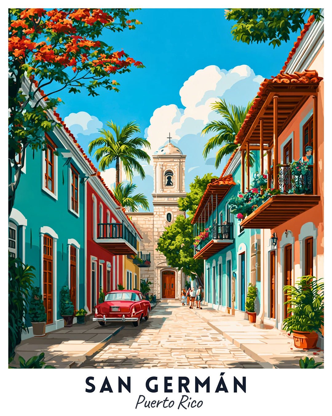 San Germán Puerto Rico paint by numbers canvas featuring historic street and palm trees