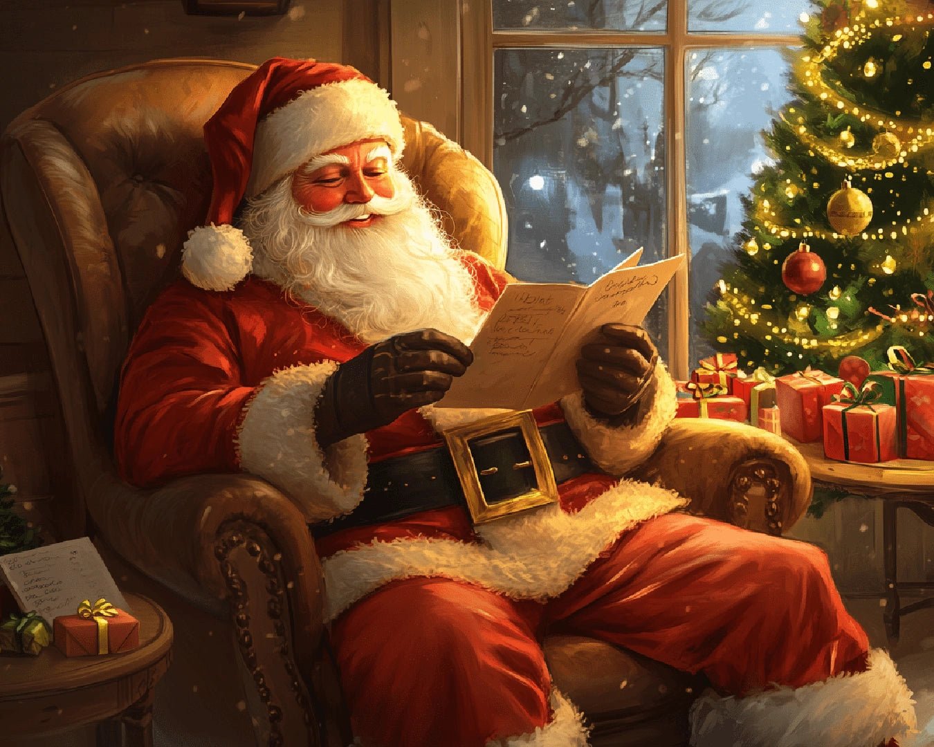 Paint by numbers canvas featuring Santa Claus in a cozy Christmas night scene