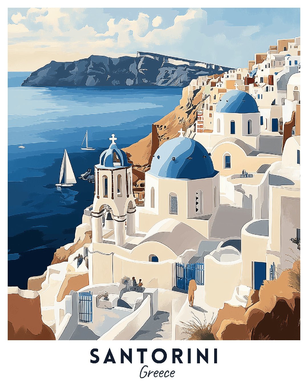 Santorini Greece paint by numbers canvas showing blue domes, whitewashed buildings, cliffside paths, and sea views