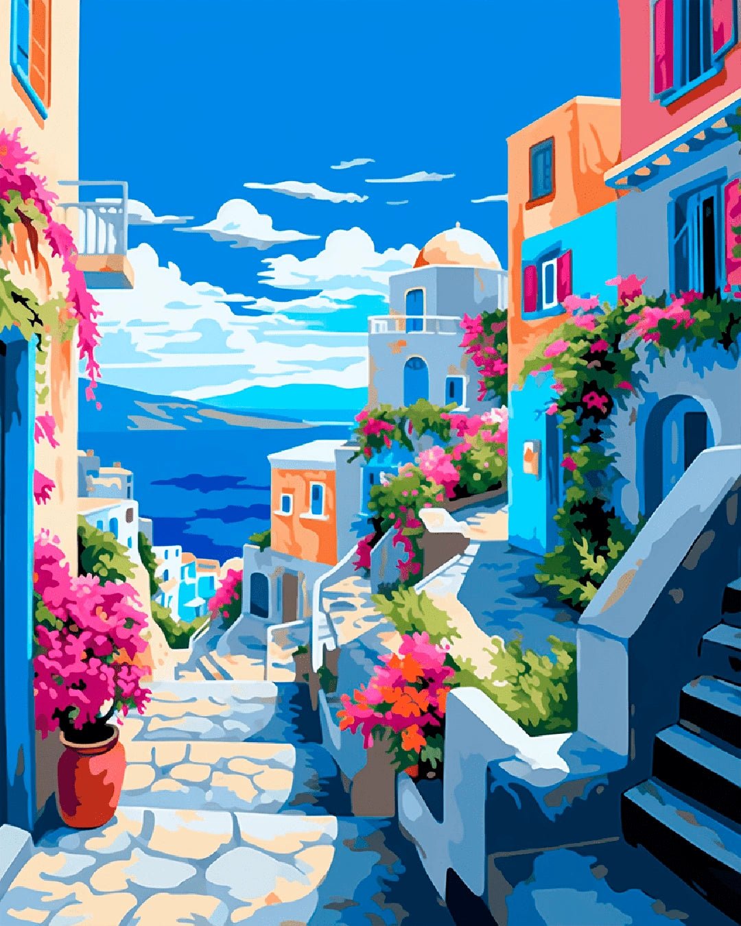 Paint by numbers kit for adults showing a Santorini steps painting with white houses and vibrant bougainvillea