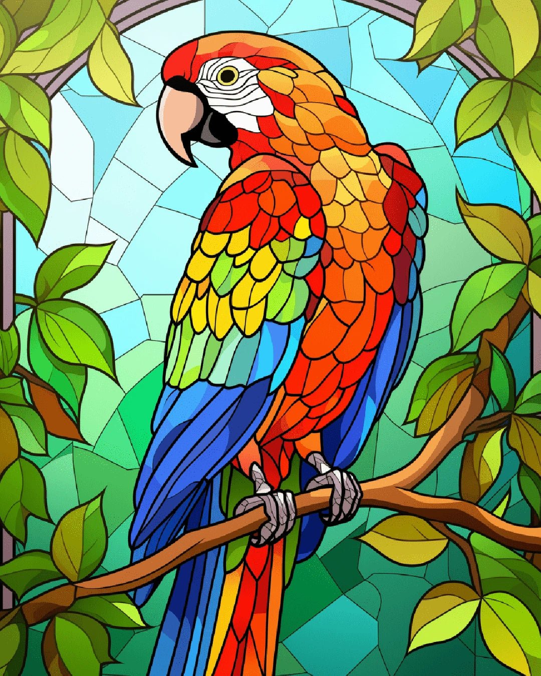 Parrot paint by numbers kit canvas painting showing a colorful scarlet macaw on a branch in a tropical setting