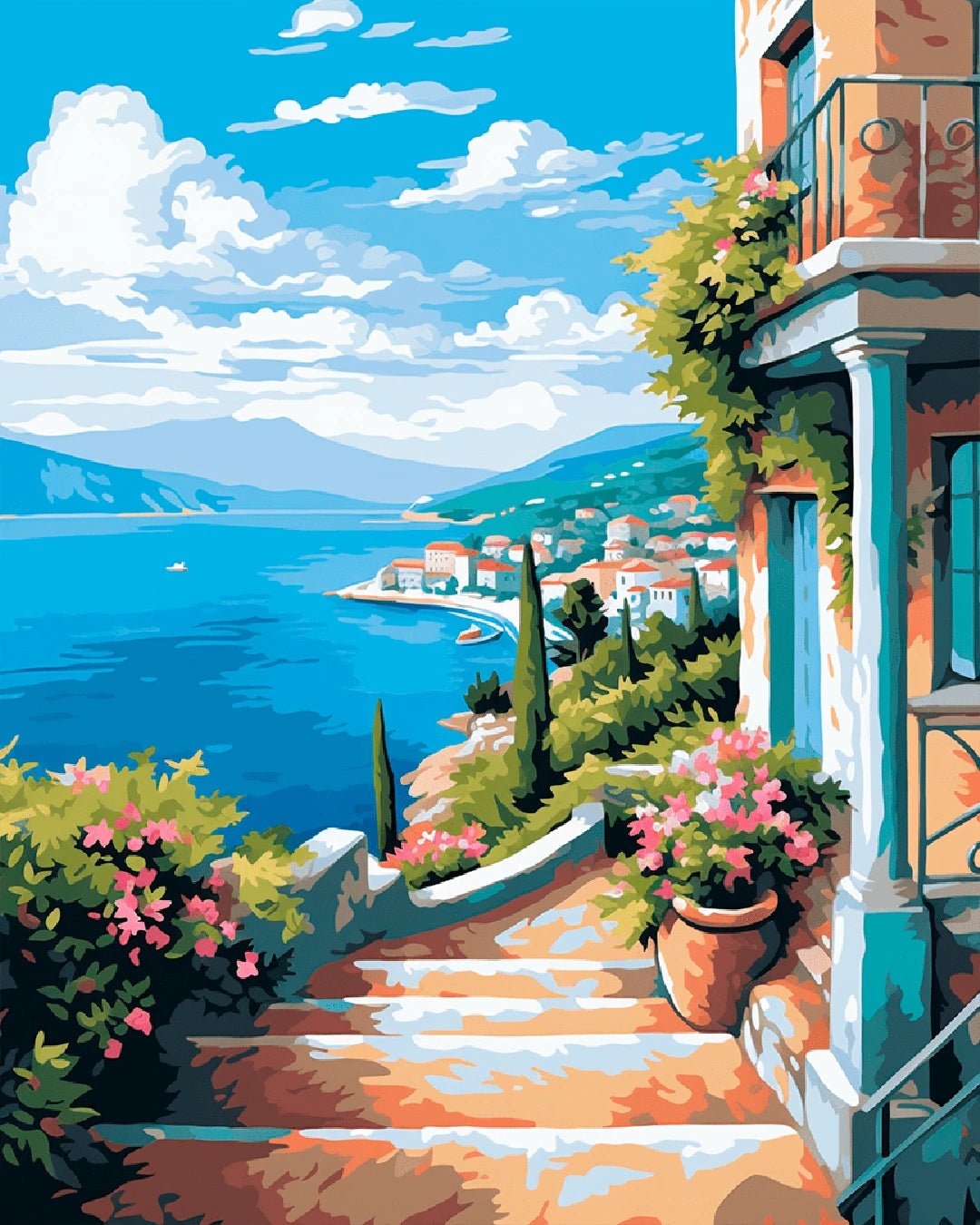 Paint by numbers kit for adults showing a coastal balcony painting with blue sea, flowers, and hillside village