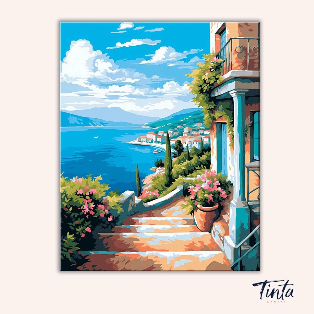 Clean artwork of the Sea View Terrace paint by numbers kit featuring a sunny terrace overlooking blue sea and distant coastline by Tinta Canvas