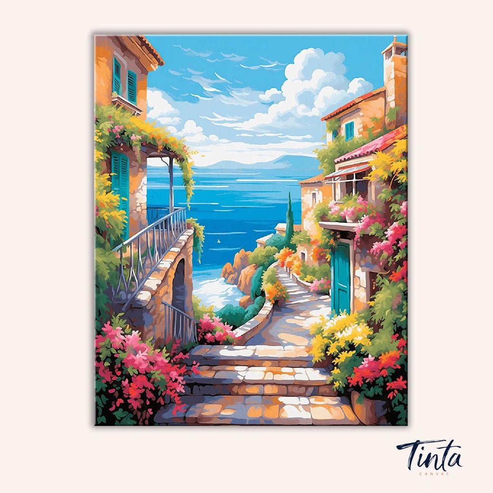 Clean artwork of Seaside Blossom Path paint by numbers kit showing stone steps and blooming flowers by Tinta Canvas