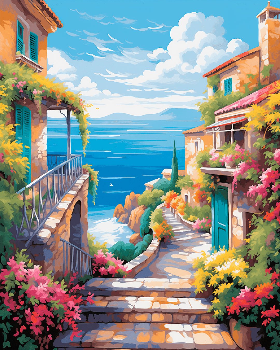 Seaside Blossom Path paint by numbers kit showing a colorful coastal village path with flowers and ocean view