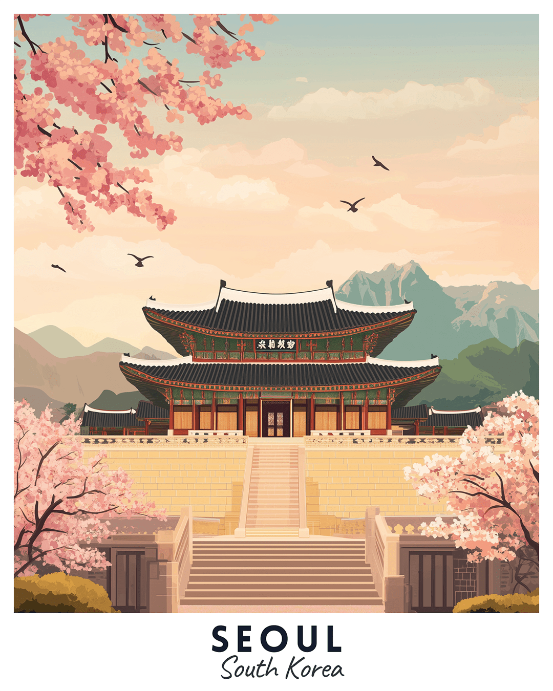 Seoul South Korea paint by numbers canvas showing a traditional palace, spring cherry blossoms, and mountain backdrop