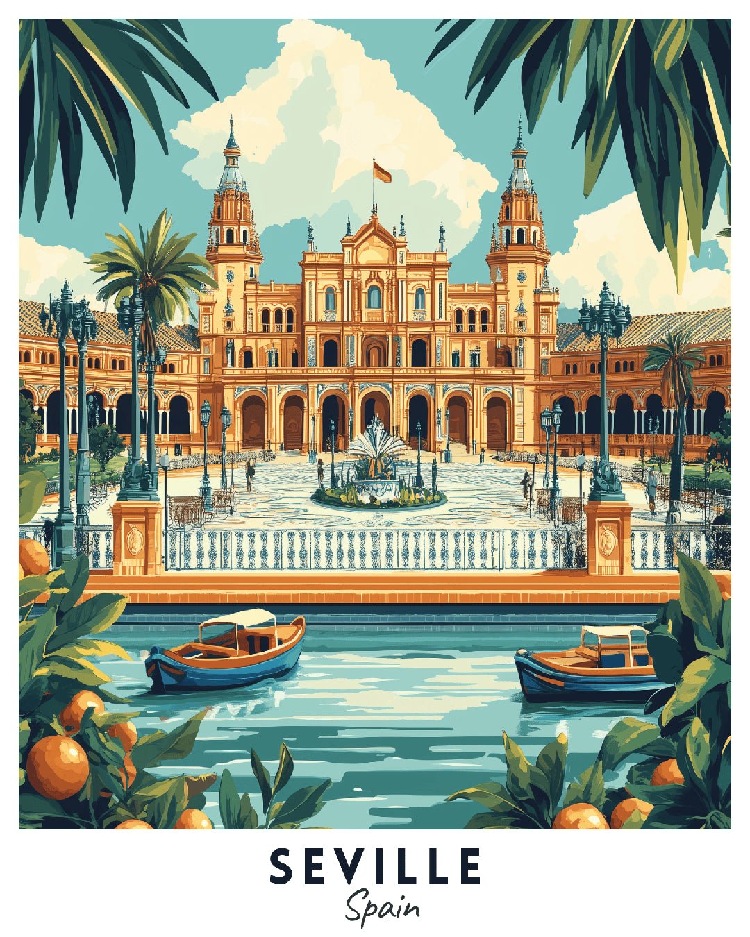 Seville Spain paint by numbers canvas showing Plaza de España architecture, water canal, and palm trees